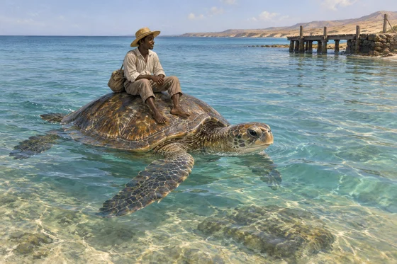 Imagined turtle-form soul carrying a seated traveller through shallow water toward a dock.