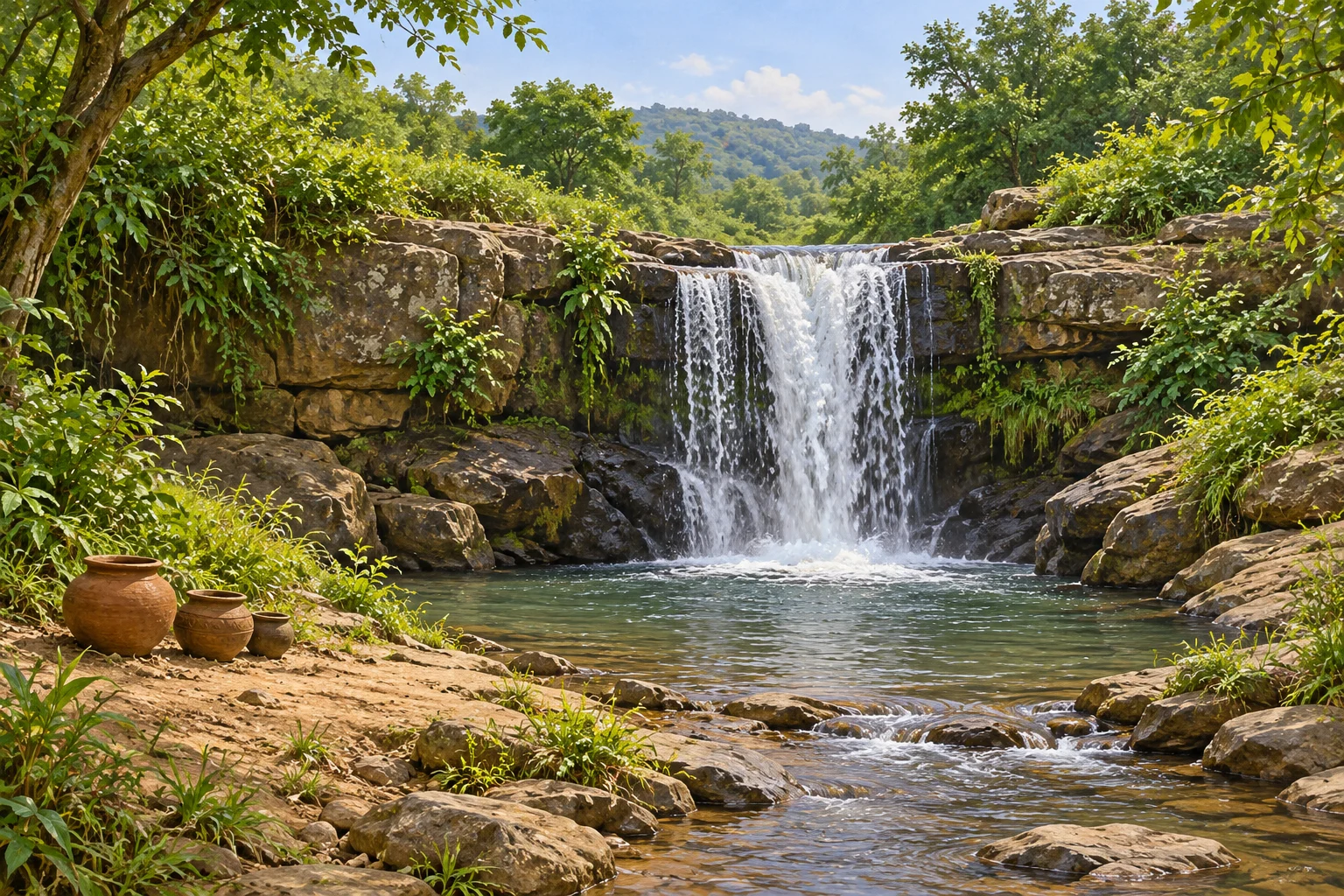Whole contextual waterfall flowing into a pool beside three intact earthen pots.