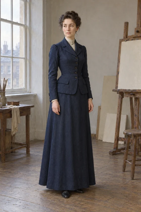 AI literary interpretation of Mrs. Monarch in her tailored dark-blue outfit and formal upright posture during the initial studio visit.