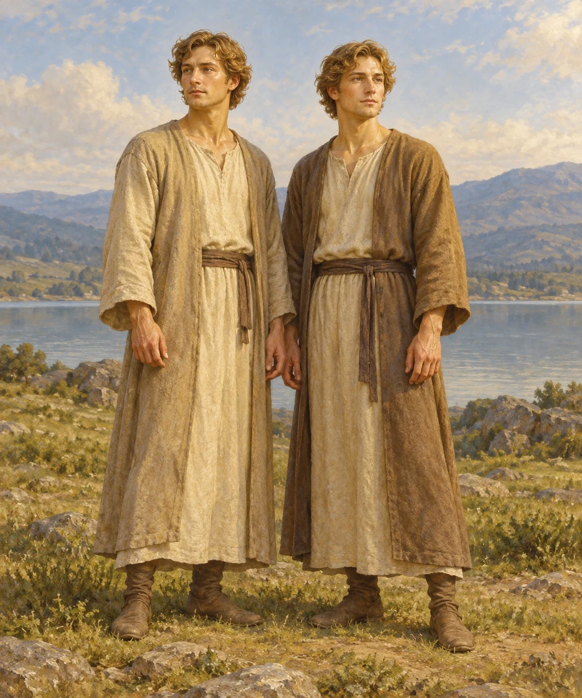 AI-generated two human brothers with golden appearance after the lake episode in Jukih’s tale