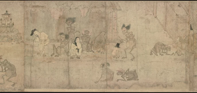 Emaciated hungry ghosts among human figures in a twelfth-century Japanese Hungry Ghosts Scroll