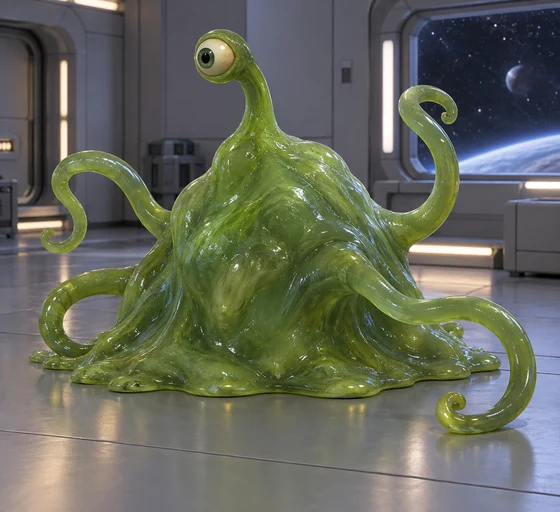 AI imagined Camille neutral form: green slime blob with one stalk eye and tentacles.