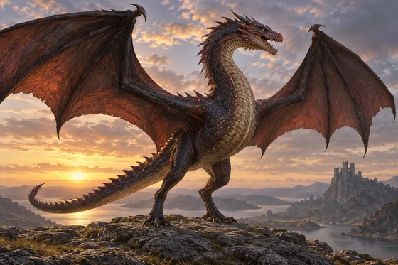 AI-imagined interpretation. A scaled dragon has two hind walking legs and two forelimbs forming wings, a long neck and tail, powerful jaws and claws. Part of the left wing extends outside the frame; the delivered image is uncropped.
