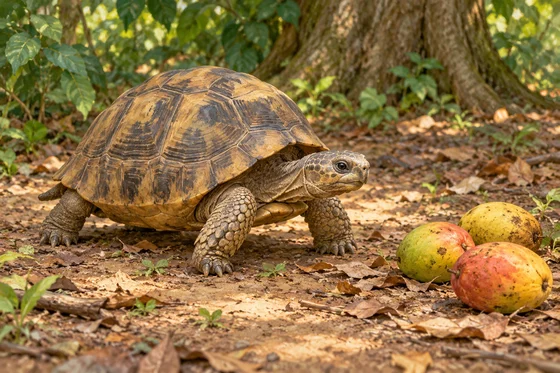 AI-generated natural tortoise representing Kudu beside generic fruit associated with the Bojabi account