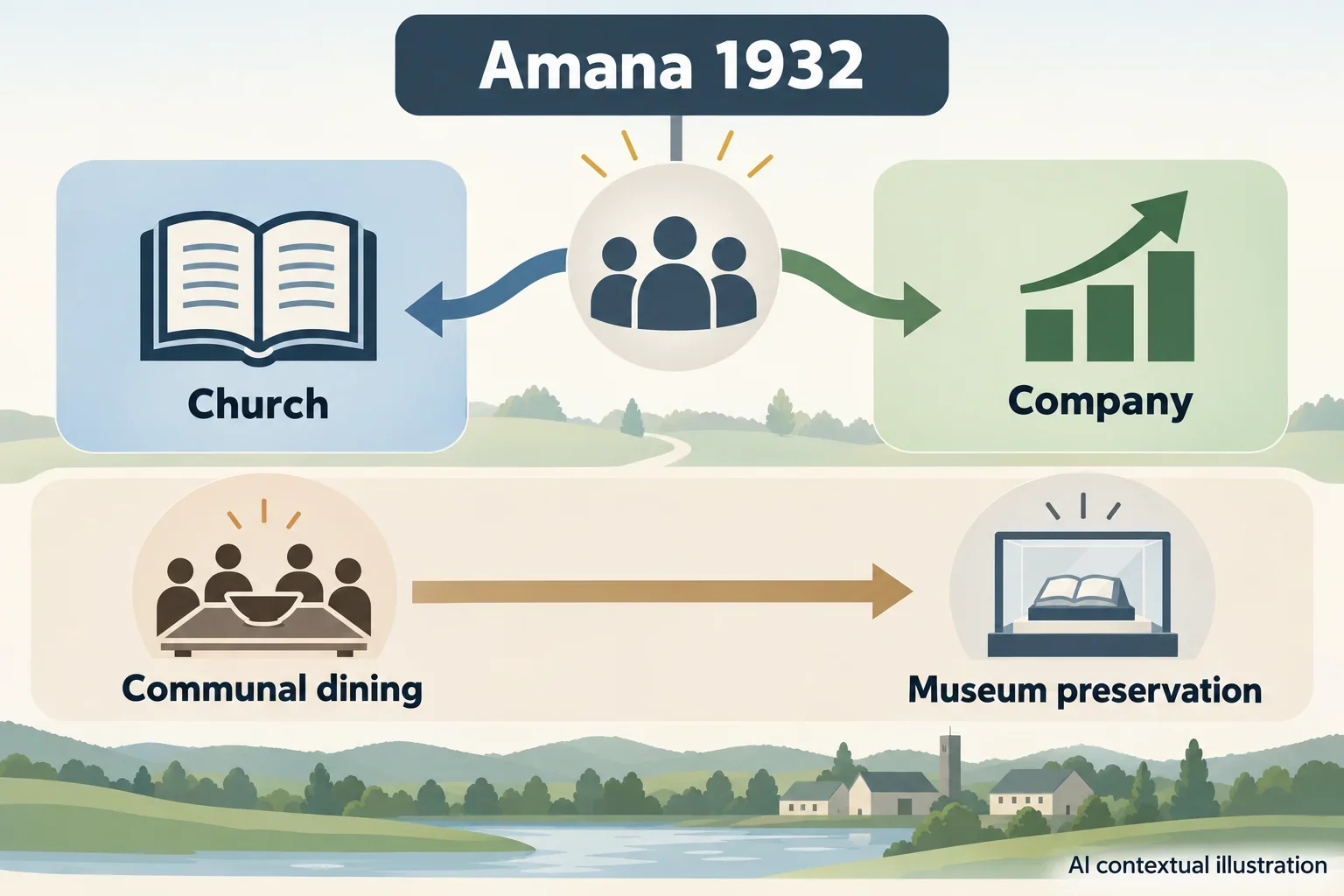 AI diagram of Amana's 1932 reorganization and communal-dining heritage