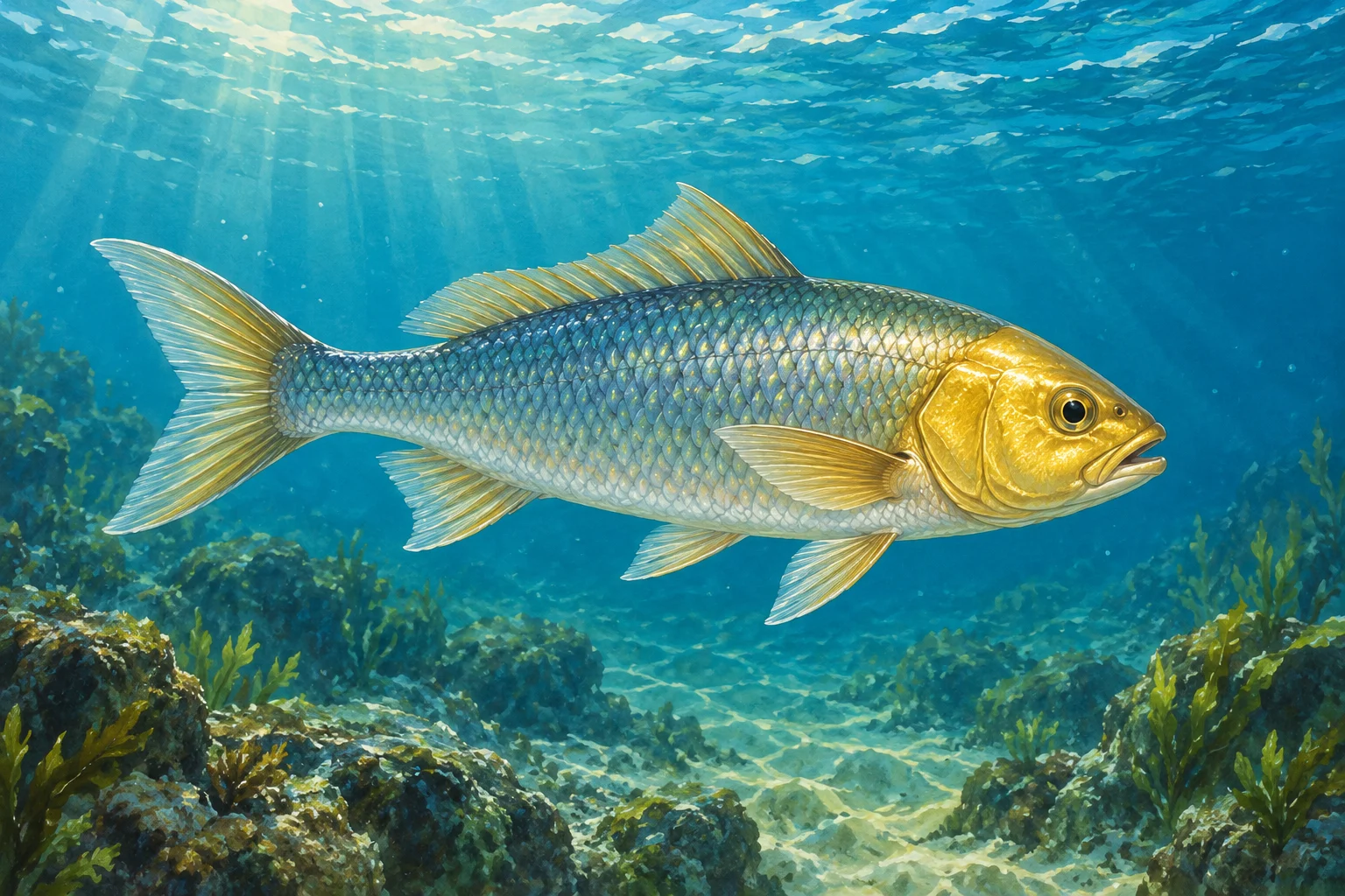 Complete generalized fish with a golden-coloured head, swimming freely.