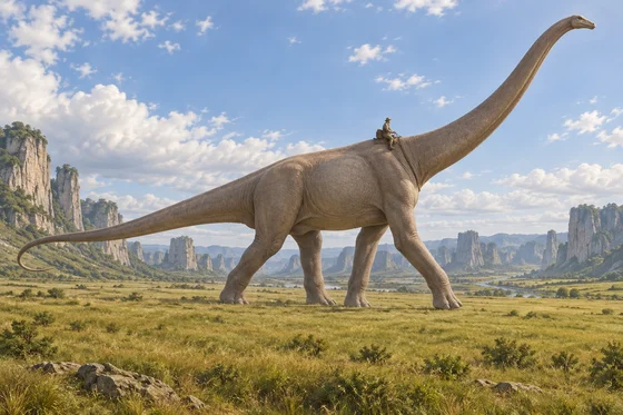Unofficial AI interpretation of a lidi carrying a fictional rider across a plain, following the novel’s immense quadruped, tiny head, very long neck and hairlessness. Skin details, tail, rider clothing, tack and landscape are imagined; proportions convey approximate narrative scale.