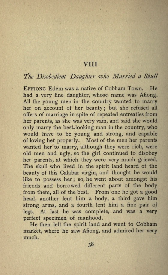 Skull Bridegroom (Calabar tale),1910 historical printed text witness, page38; documentary source-page facsimile