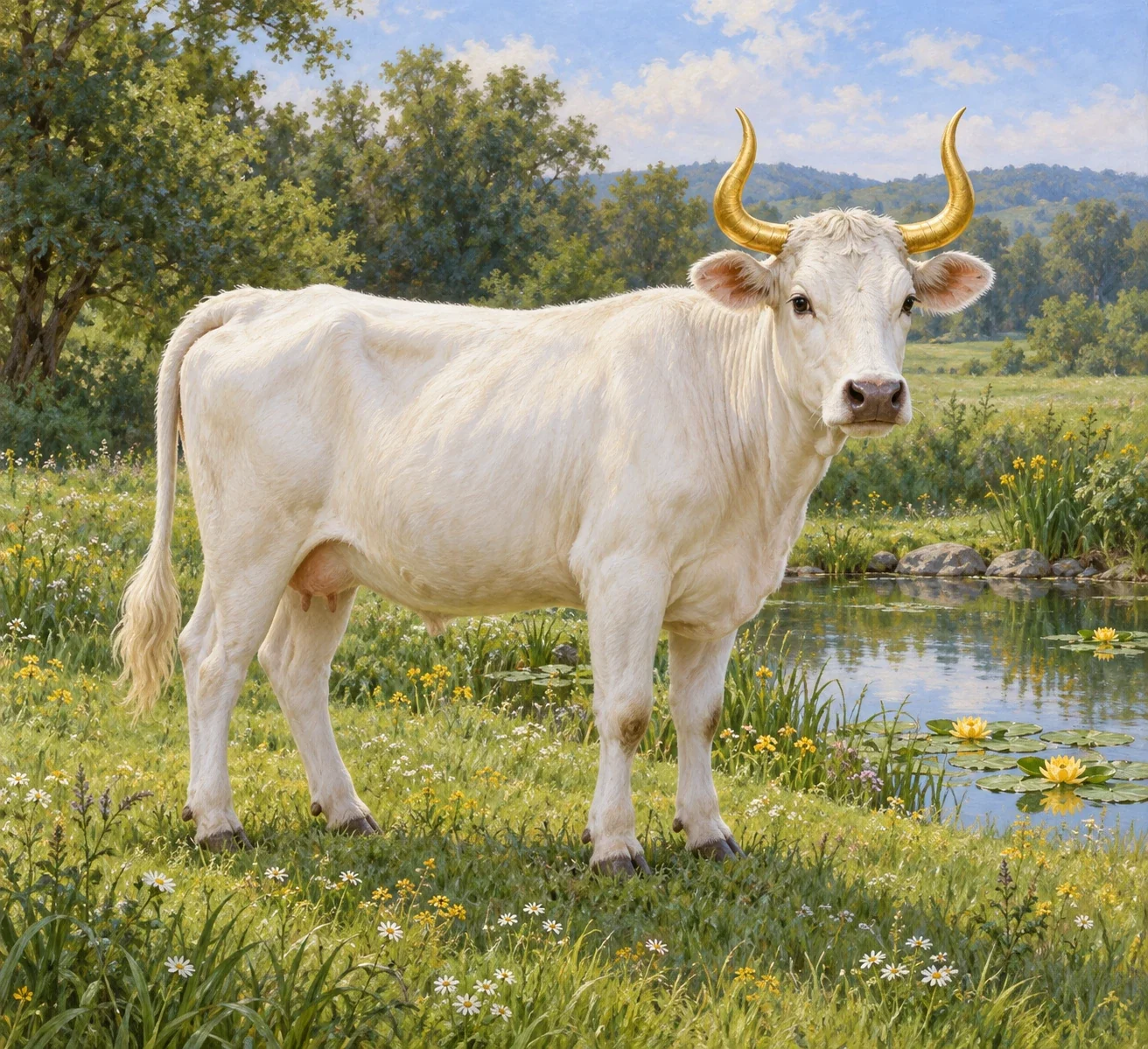 AI interpretation of Wilkins’s white cow with golden horns beside a lily pool.