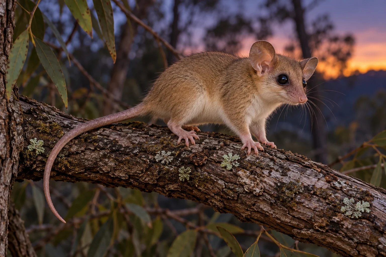 Small fawn marsupial with rounded ears and naked tail.