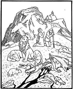 Slain dragon on the mountain with hunter and princess, Otto Ubbelohde,1909