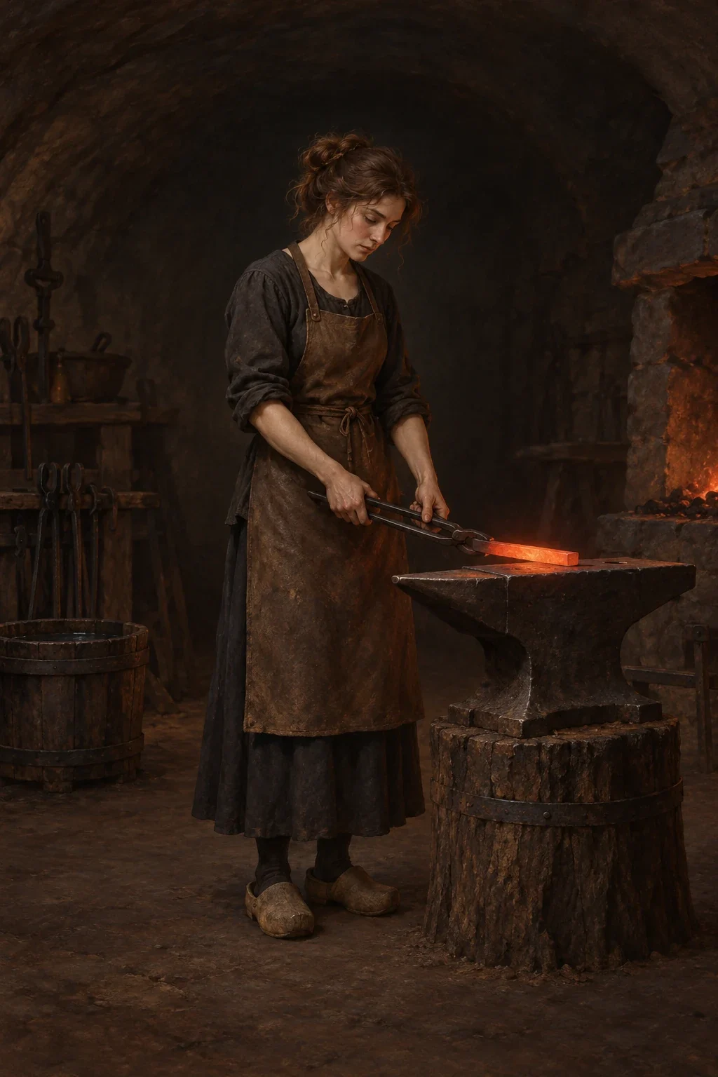 An adult fairy in dark clothing and a leather apron holds tongs over an anvil in an underground workshop.