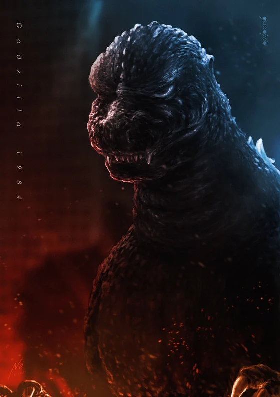 Noger Chen’s Godzilla 1984 fan portrait: dark ridged head, small eyes and teeth, blue-lit dorsal plates, red sparks below, with the vertical title and artist signature retained.