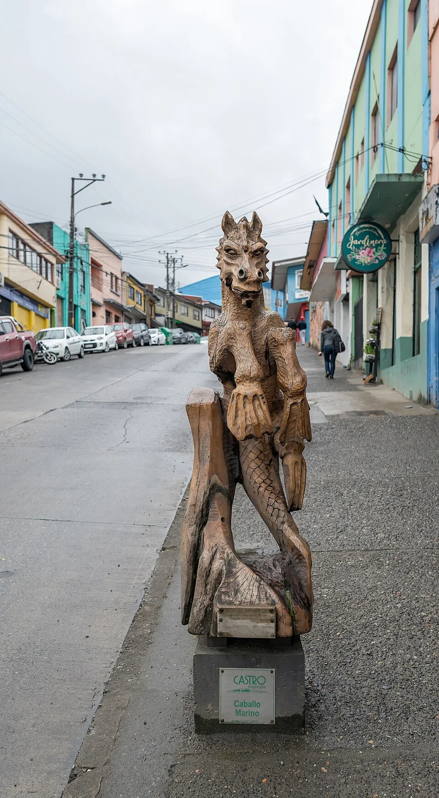 Caballo Marino municipal wood carving in Castro, Chiloe