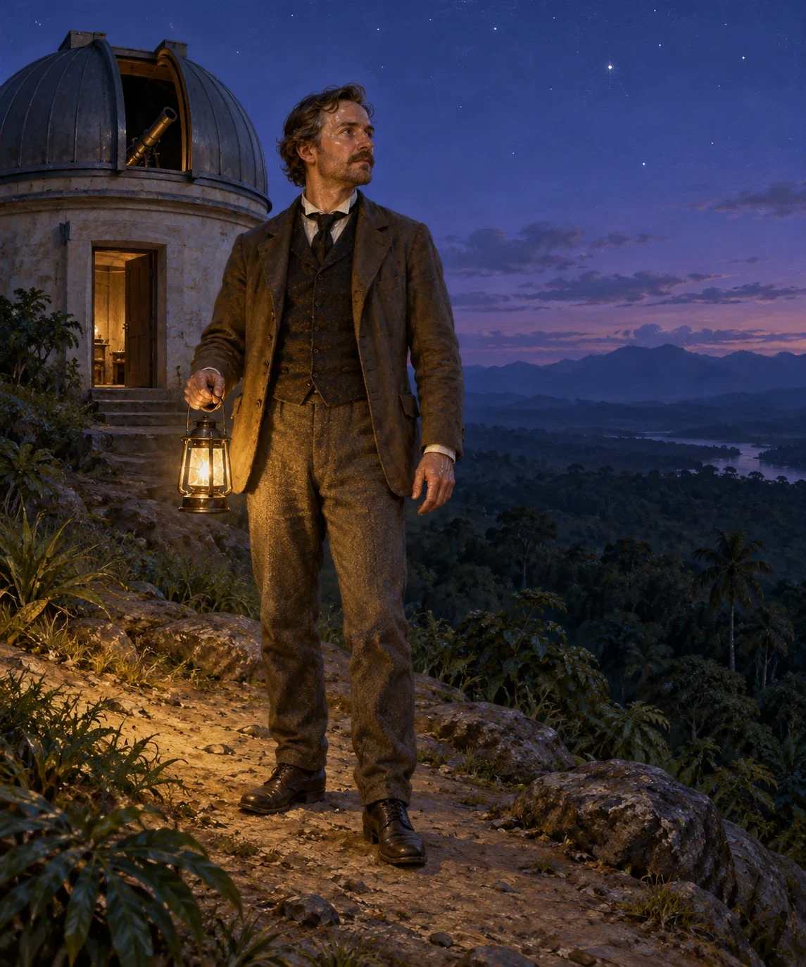 AI interpretation of Woodhouse holding a lantern before his night watch at the fictional Avu observatory.