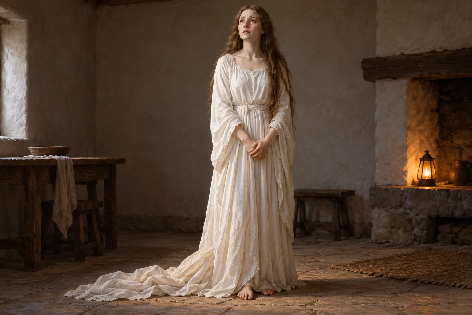 Mara stands in white clothing with gray eyes and tears, her face cloth fallen at her feet.