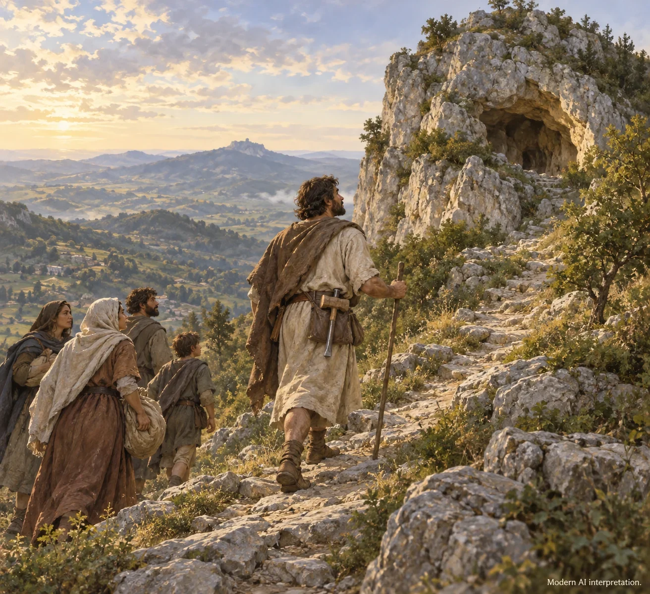An imagined stonemason leads a small community toward rocky Mount Titano.