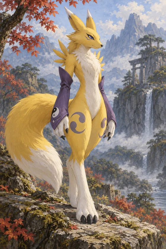 Yellow fox-like humanoid stands on an autumn mountain ledge.