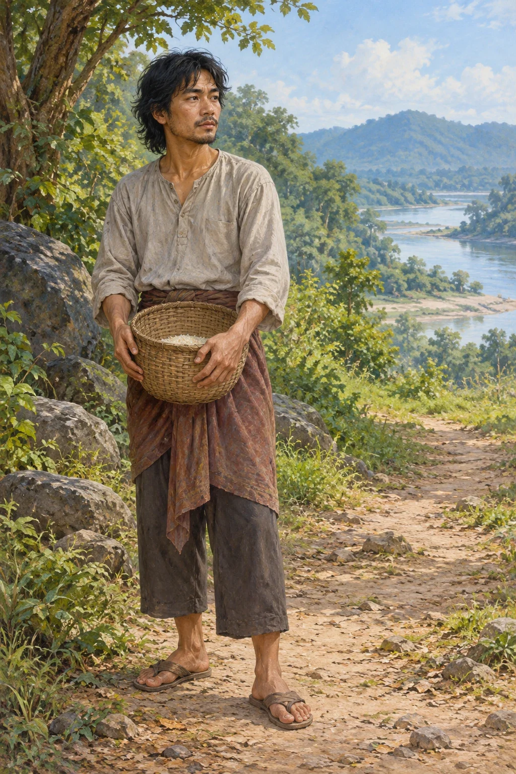 A complete adult traveller holds a plain rice basket beside a quiet path