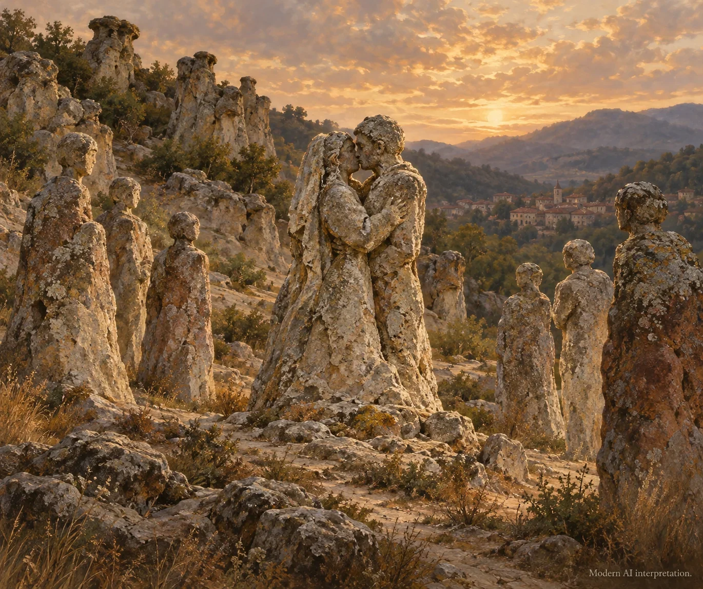 An imagined wedding couple becomes embracing stone figures among petrified guests at Kuklica.