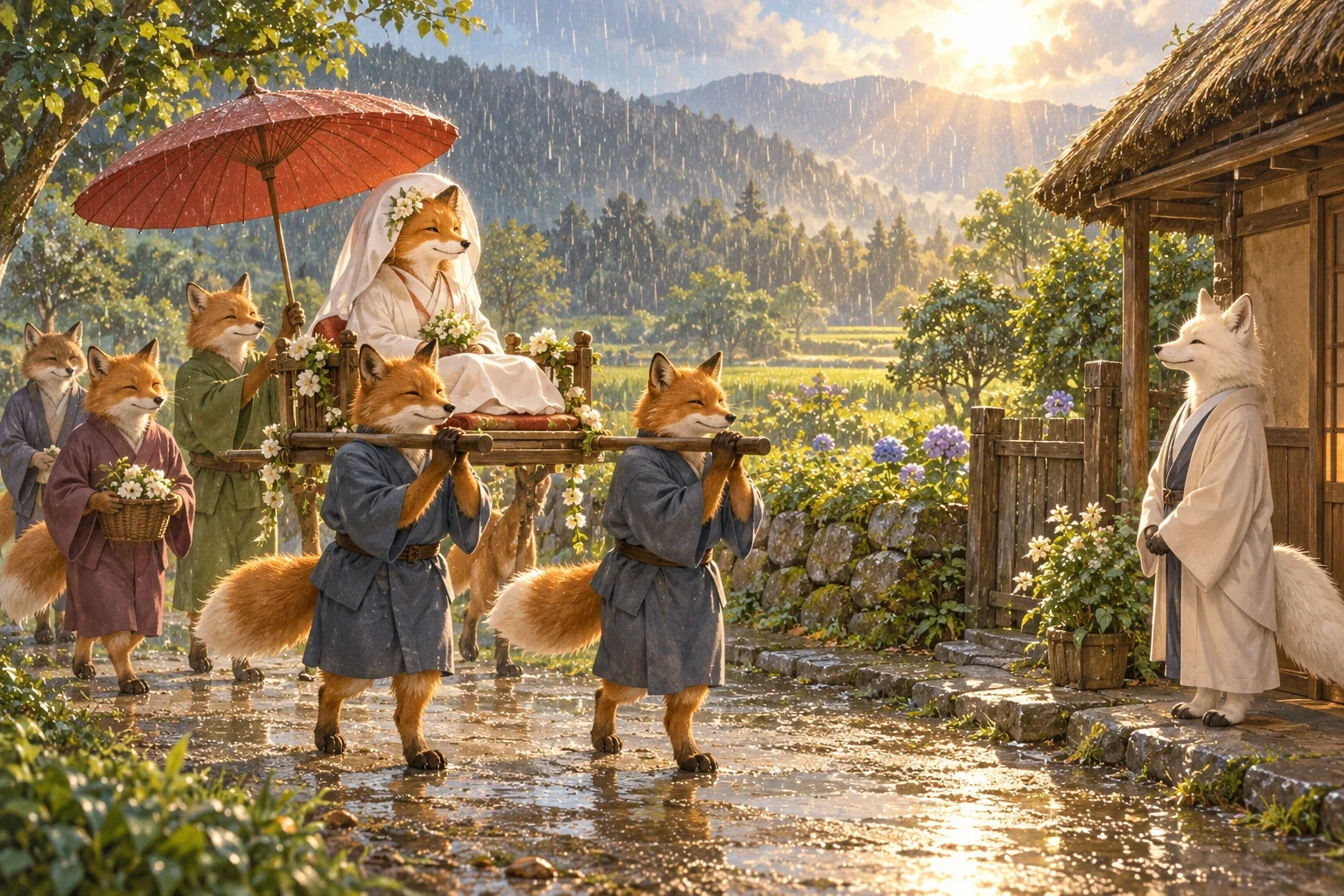 An imagined fox bride carried toward a waiting white fox bridegroom during sunlit rain