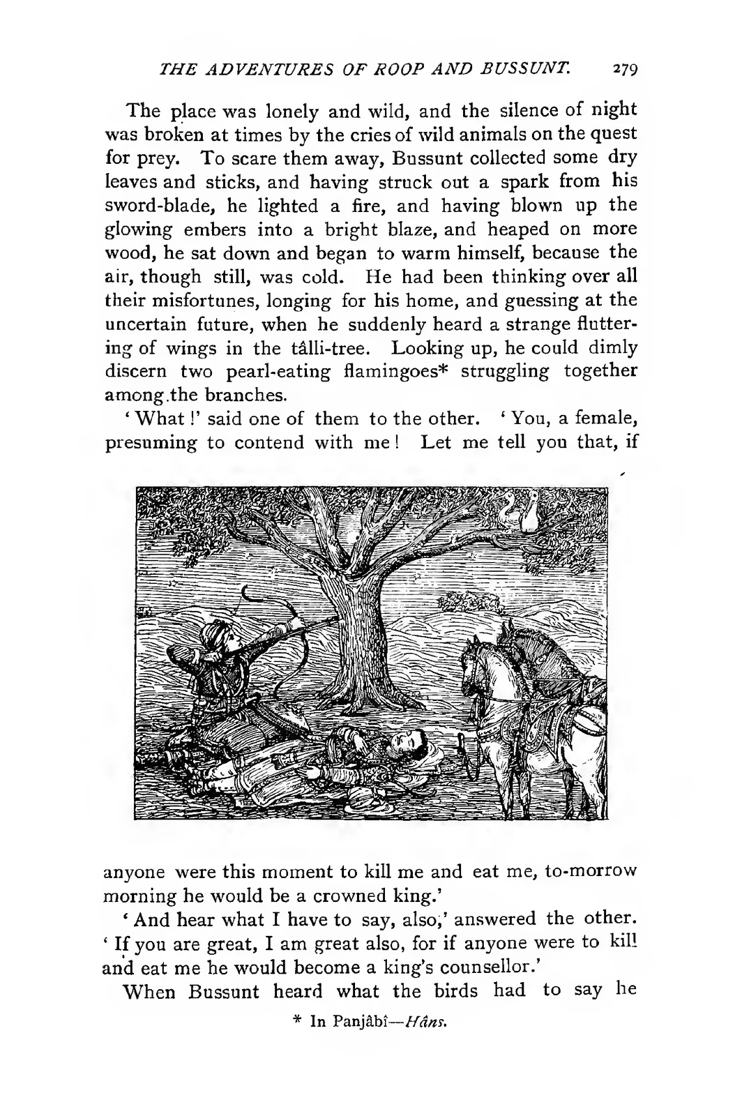 Bussunt aims his bow at two fortune-giving Hans birds above his sleeping brother, original 1892 illustration