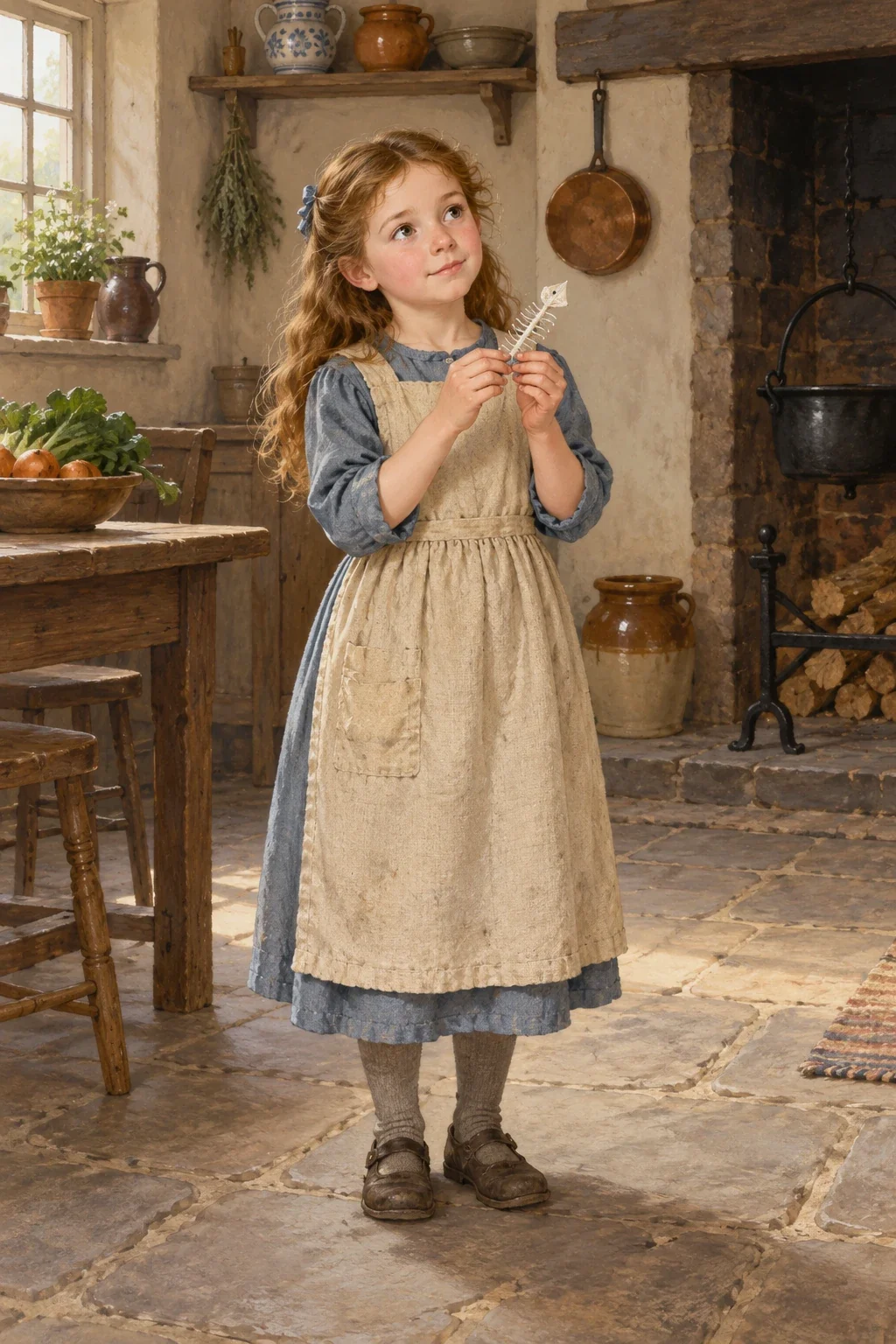 Child Princess Alicia in an oversized apron holding a polished fishbone