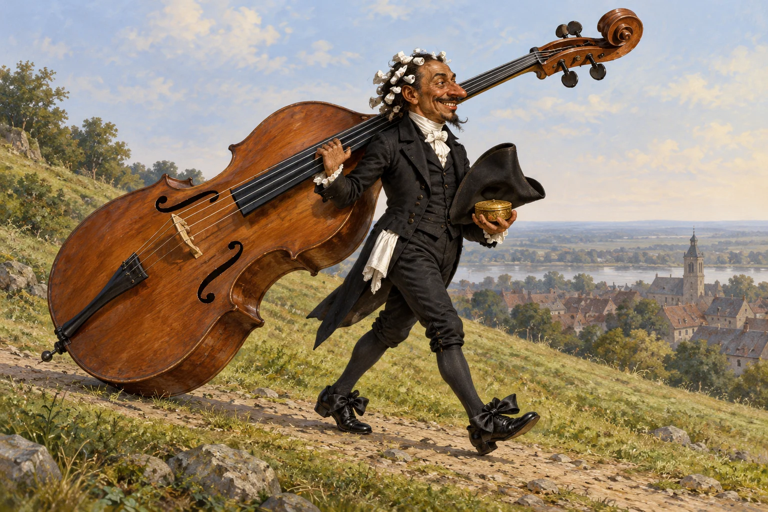 A small grinning man in black coat and knee-breeches carries a folded hat, gold snuff-box and an enormously oversized fiddle down a slope.
