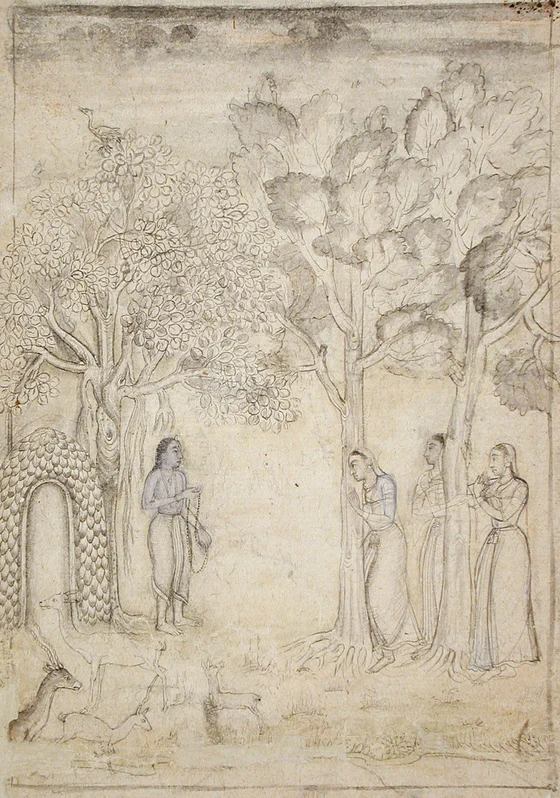 Mughal drawing of Rishyashringa holding a rosary outside his forest hermitage as three women approach
