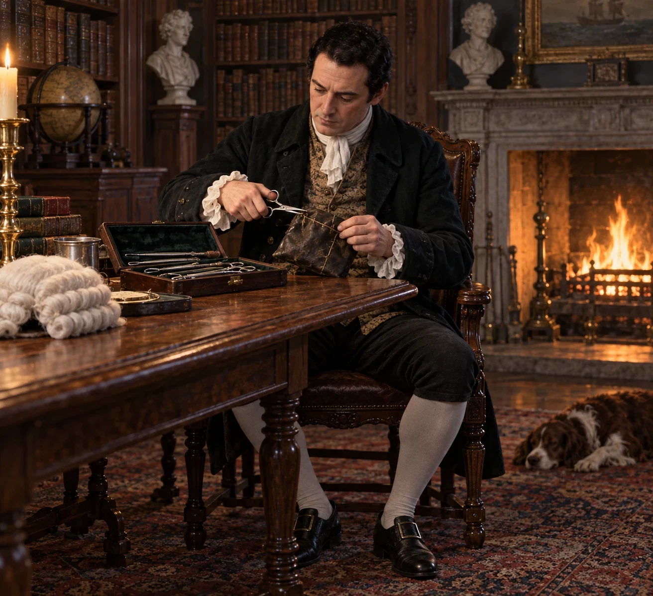 Imagined Doctor Livesey with close-cropped black hair cuts an oilskin packet’s stitches at a library table.