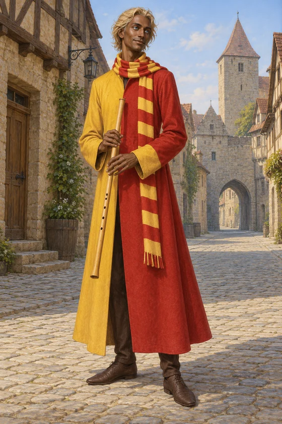 An imagined complete tall Piper in red and yellow, holding a straight cane pipe.
