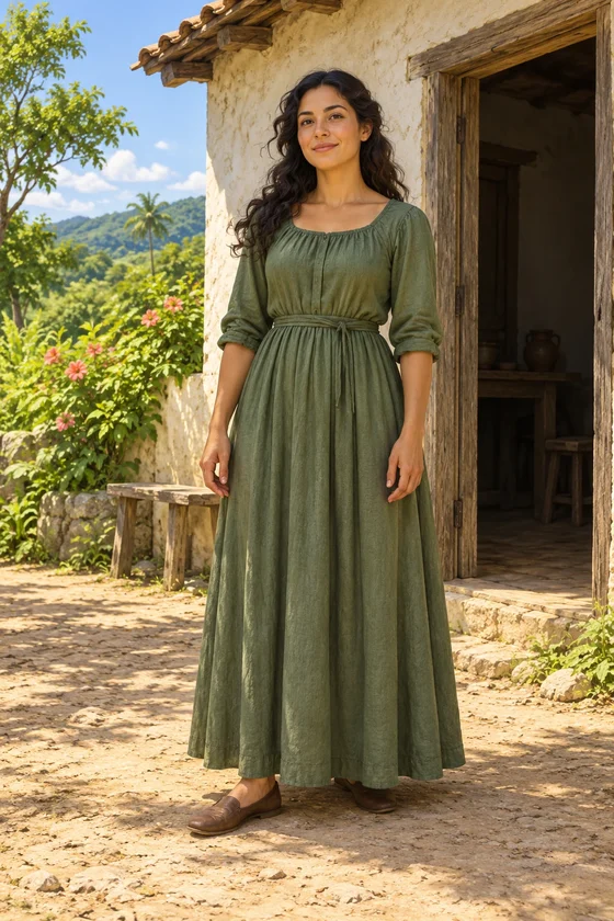 A complete adult woman in a plain long dress stands beside a house entrance