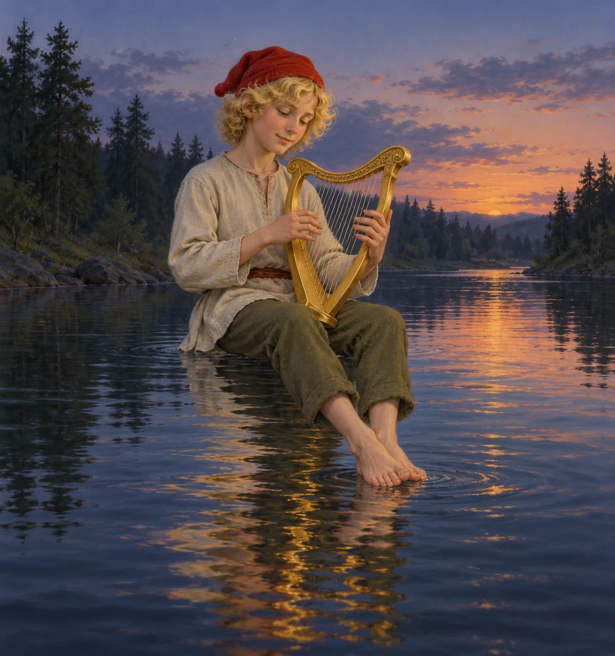 Interpretation of the boy-like Swedish Neck with golden ringlets, a red cap and a gold harp on quiet water