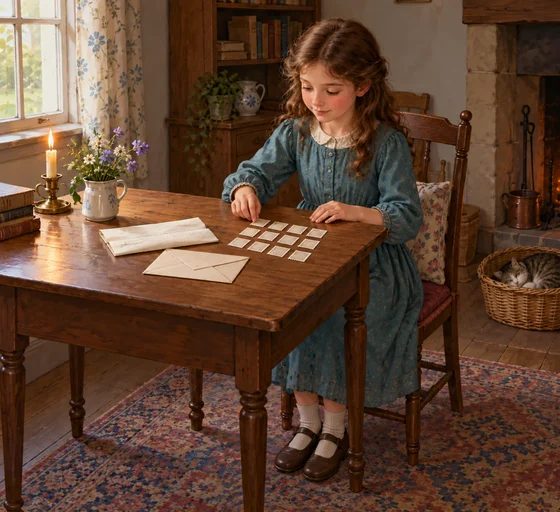 Imagined Anthea prepares stamps to repay the baker.