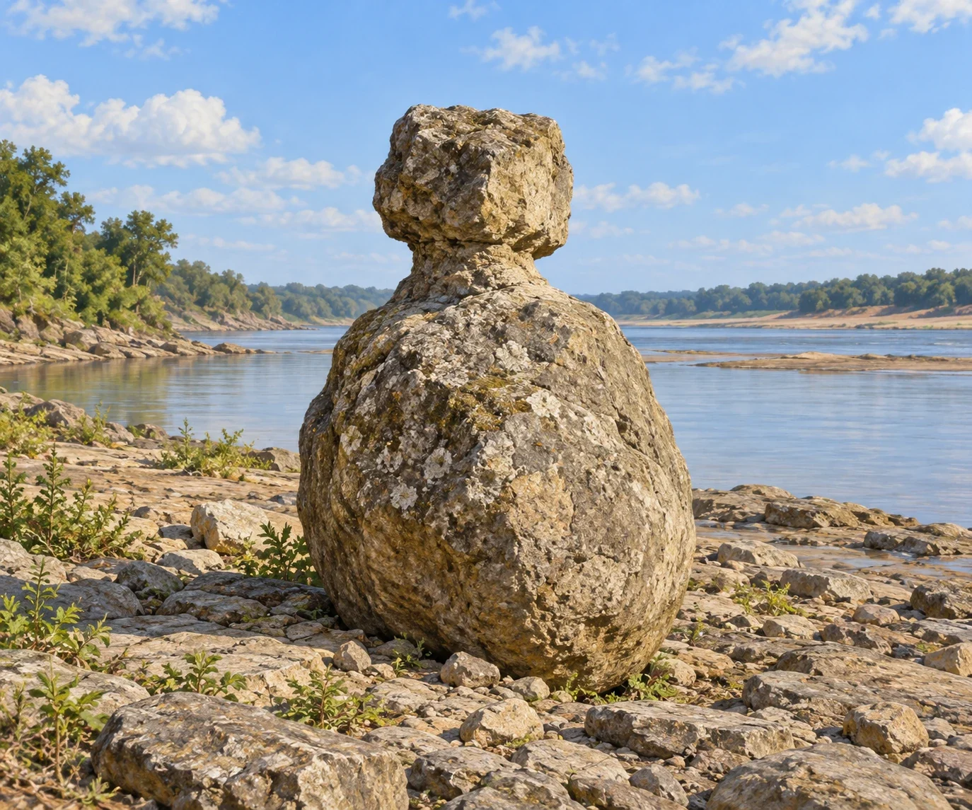 An interpretation of the body-and-head-like Itá-Guaimí stone; rock details and riverbank arrangement are imagined from Ambrosetti’s description.