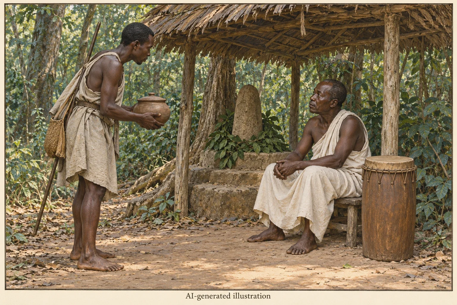 An imagined hunter with an offering pot consults a medium beside a closed drum.