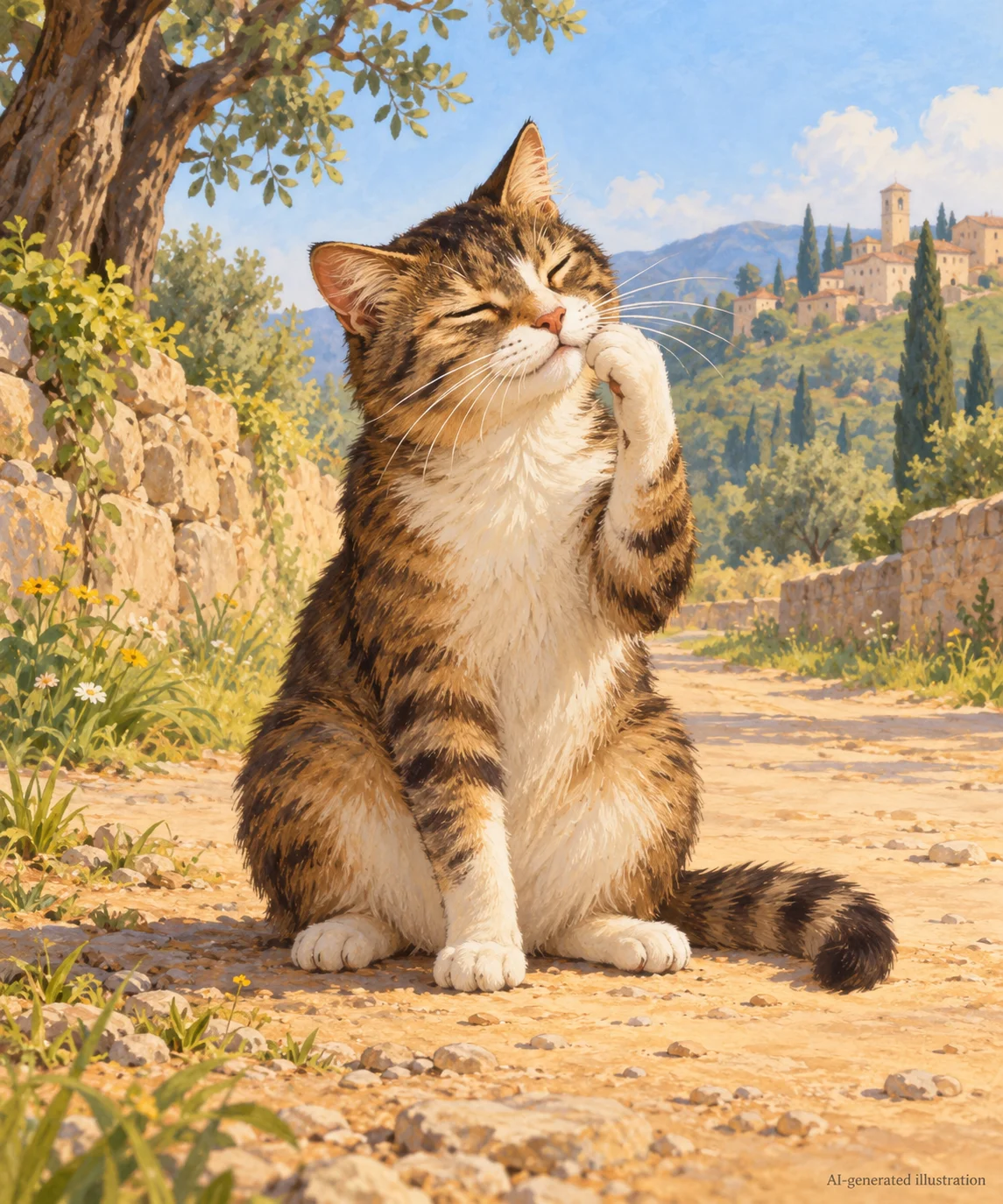 An imagined intact cat grooms its whiskers with closed eyes during the early encounter.