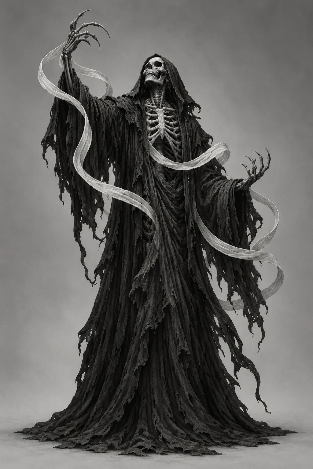 Lich: exposed skull and ribs, skeletal clawed hands, voluminous ragged black robe, pale curving ribbon-like bands.