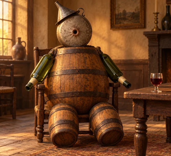 A wingless figure with a wooden cask body, two keg legs, two bottle arms and an upright canteen head topped by a funnel.