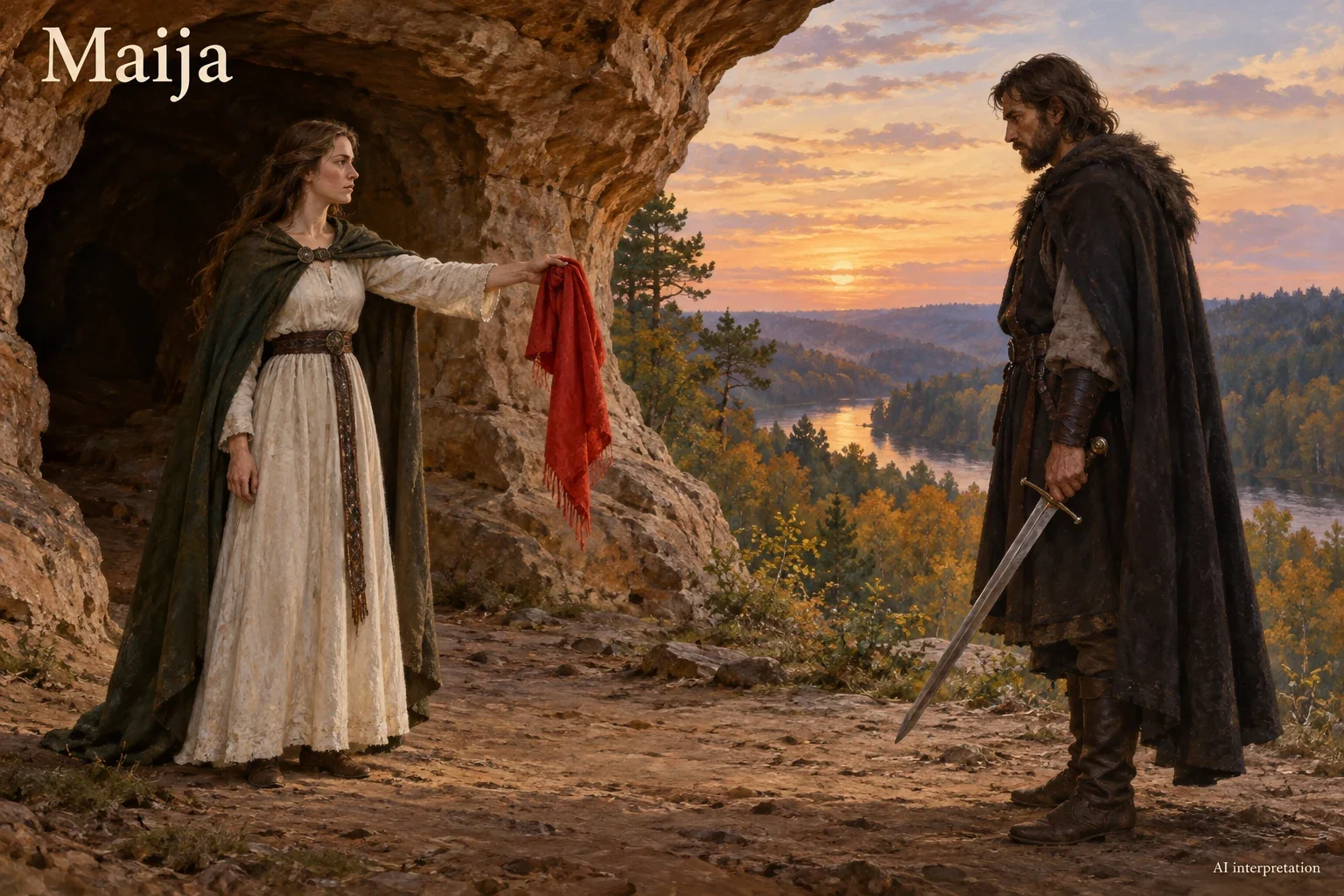 Imagined Maija presents a red scarf.