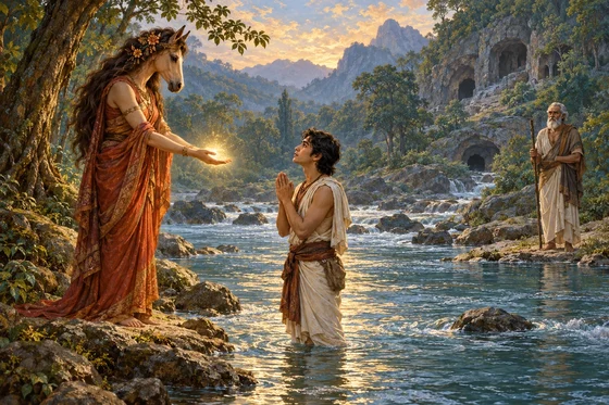 A horse-faced woman extends her hands toward her son standing in a forest river, while his father waits across the water.