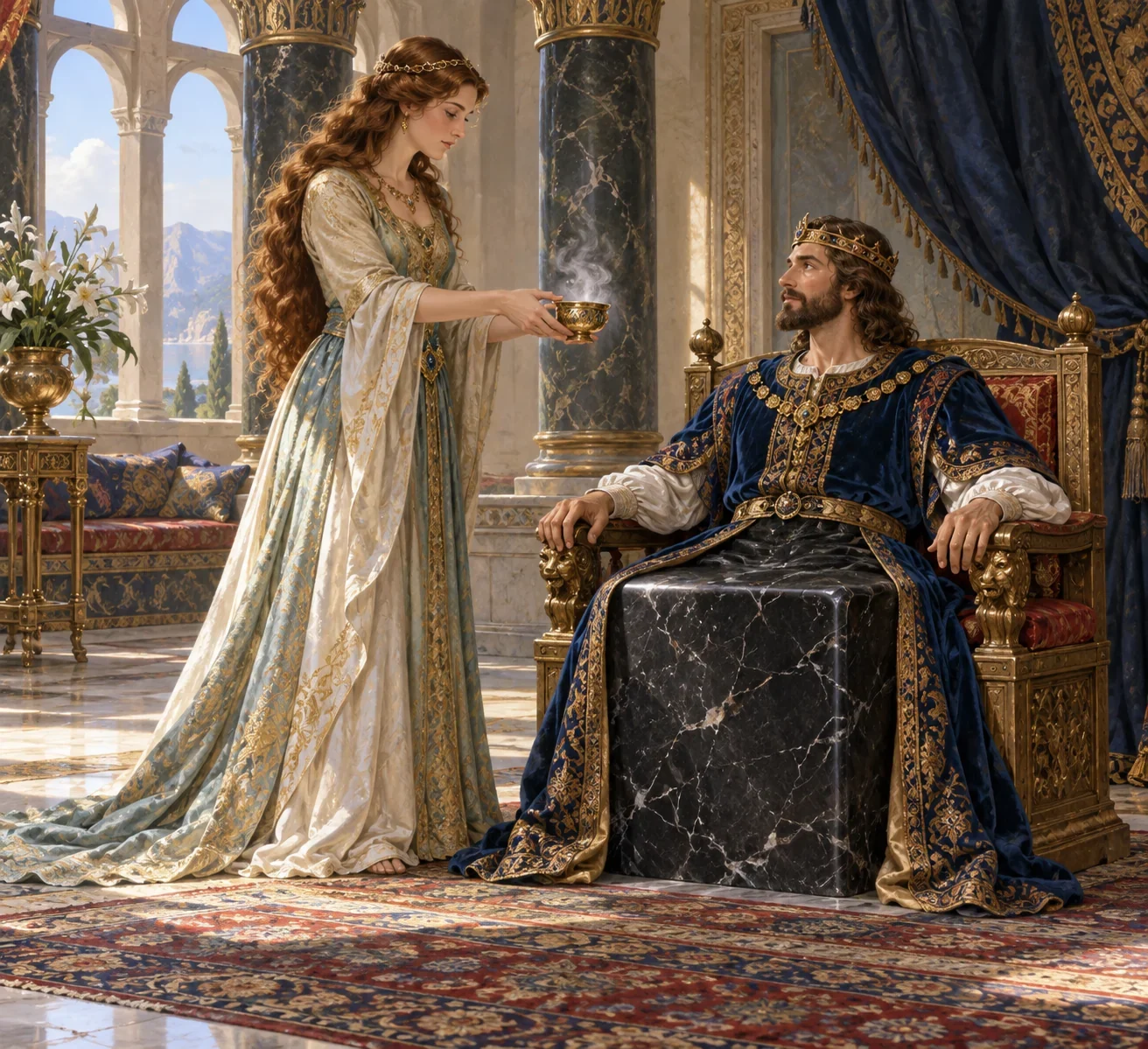 Imagined queen with a cup stands beside a seated king whose lower body is a solid black marble block.