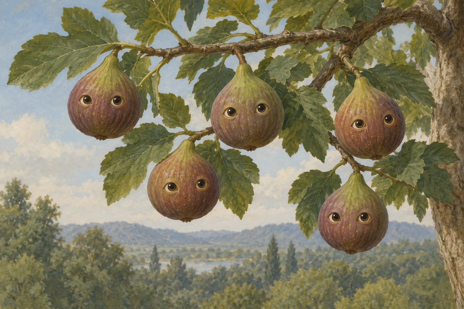 AI-generated eyed fruit on a generic tree branch in the final phase of Hollis’s sycamore-children story