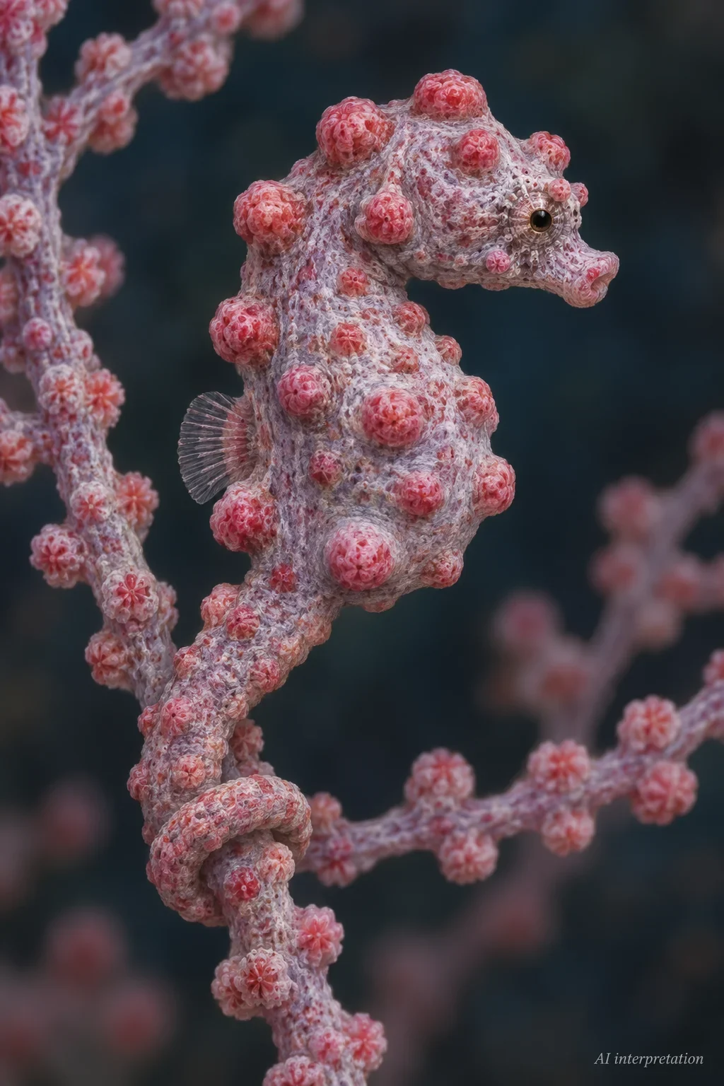 AI interpretation of a tubercled pygmy seahorse gripping a sea-fan branch.