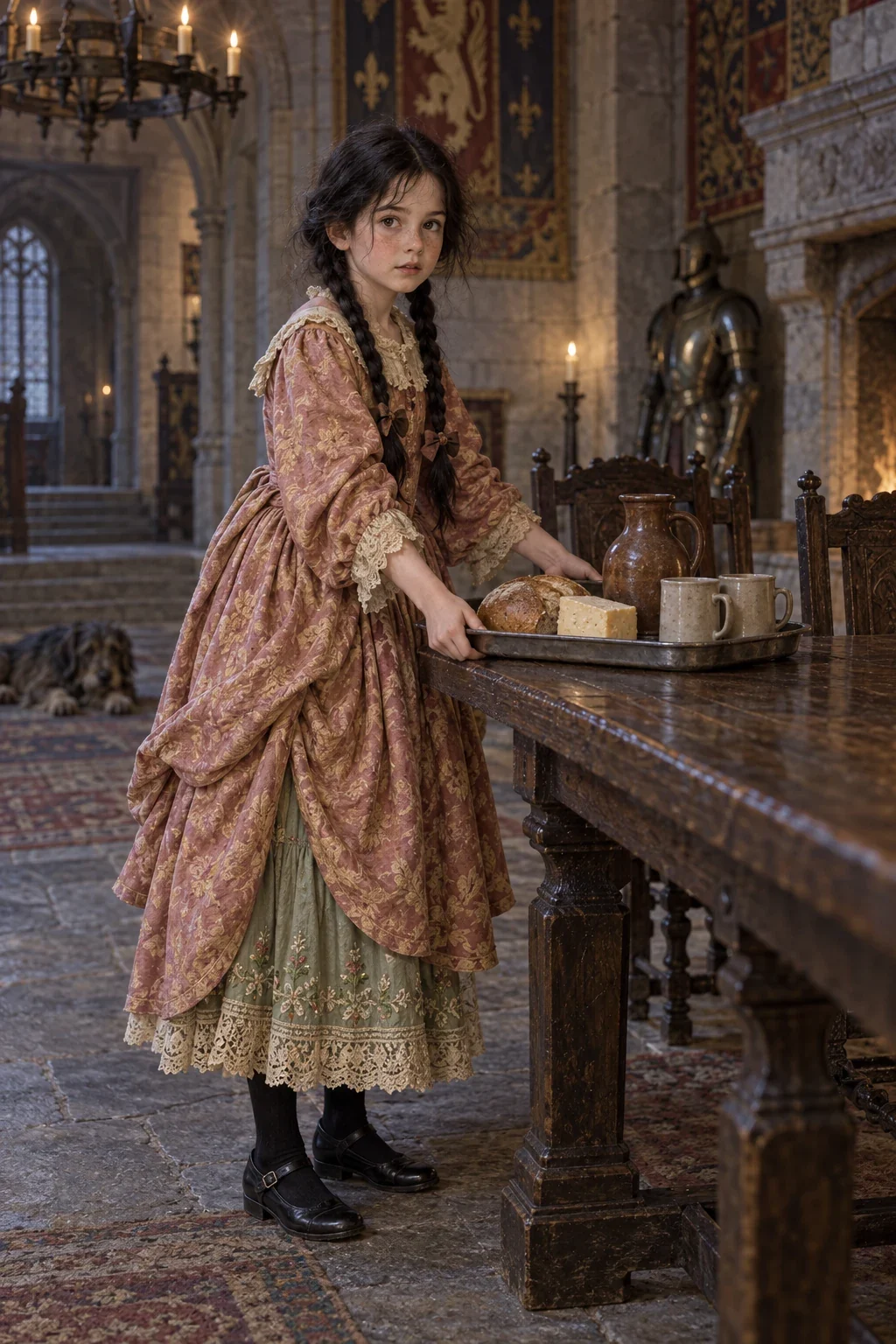 Imagined Mabel in faded pink-and-gold brocade places a tin tray of bread, cheese and water on a castle-hall table.
