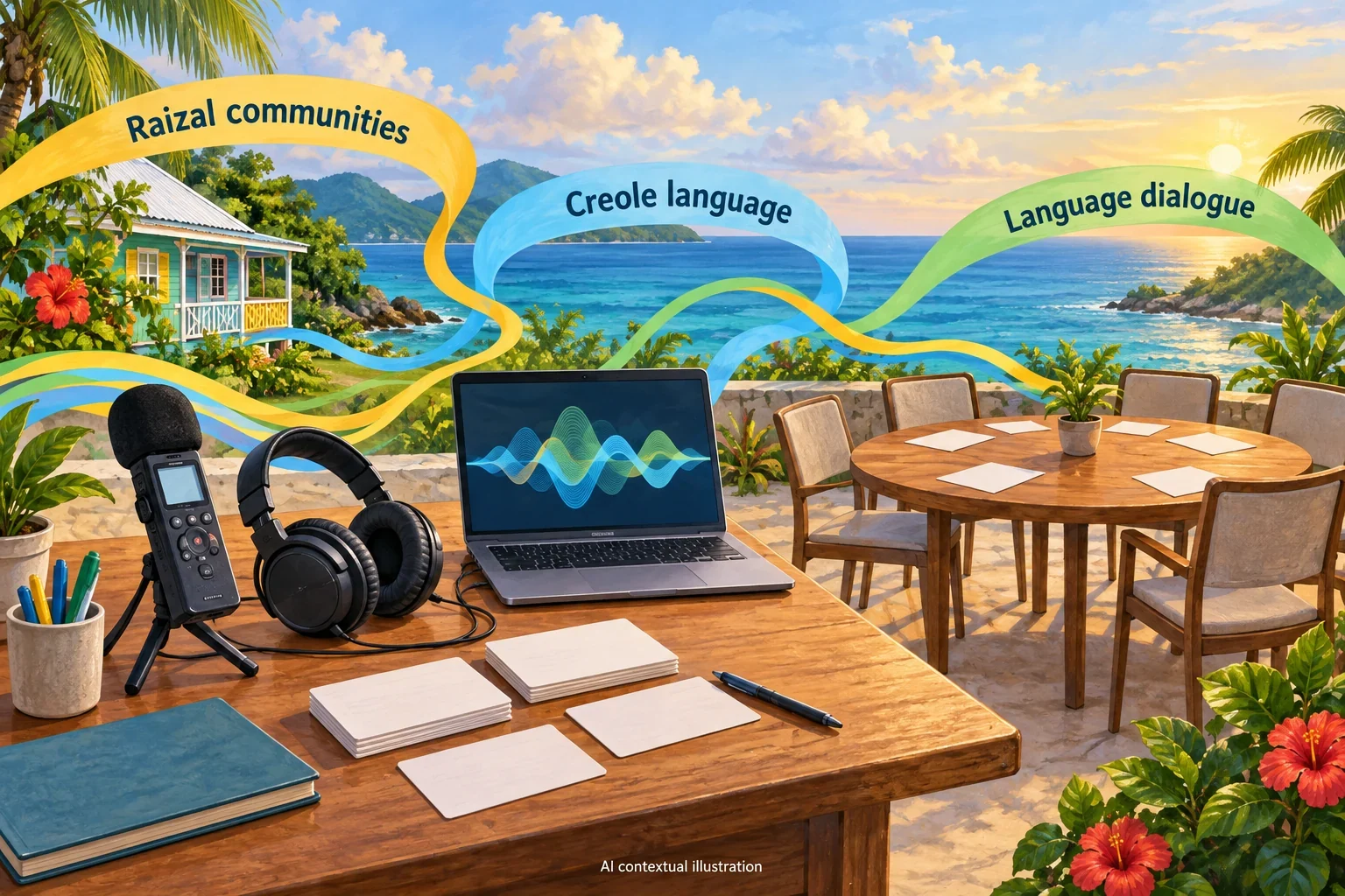 AI concept of Raizal creole-language listening and dialogue across generations.
