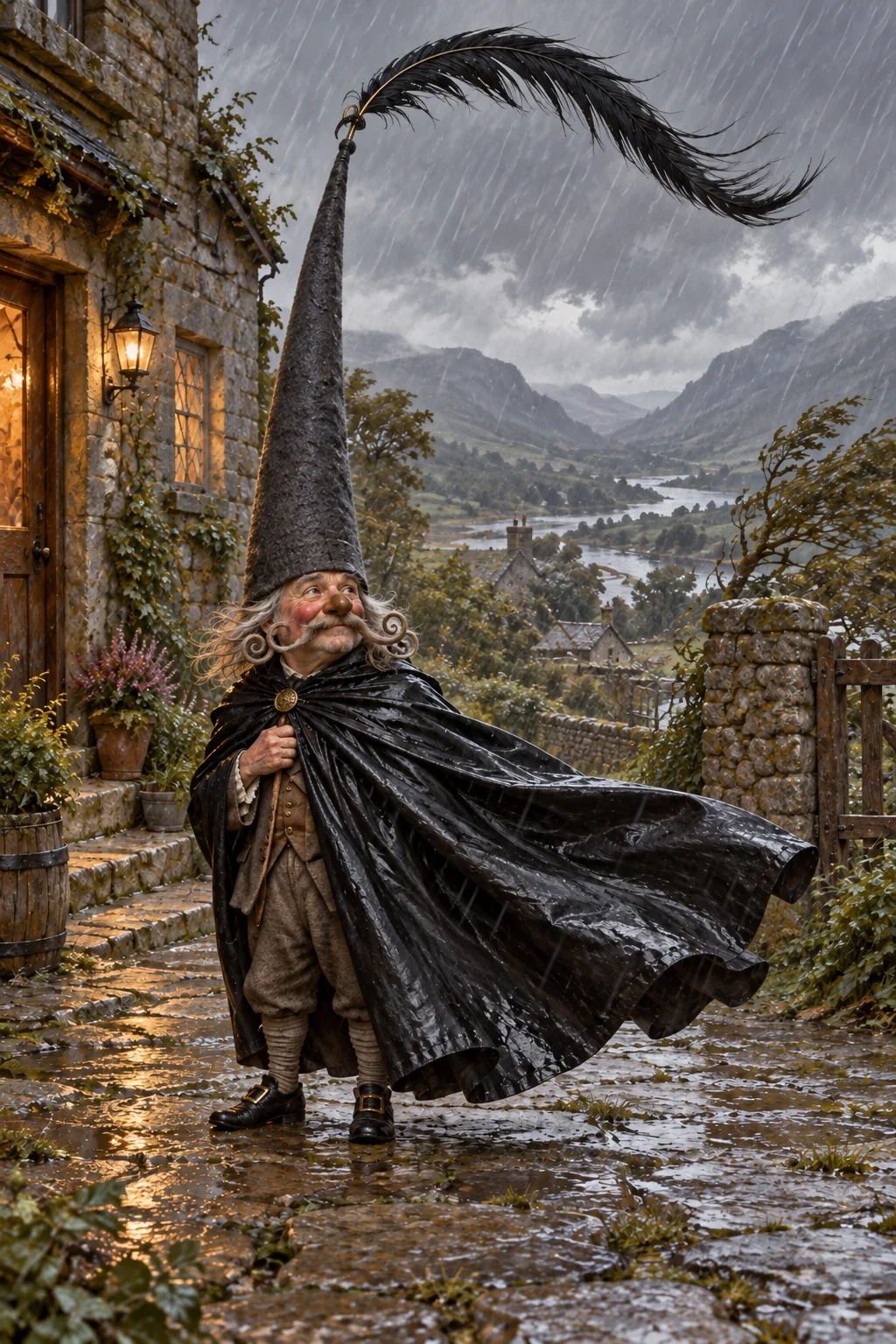 Modern AI interpretation of Southwest Wind Esquire; the towering cap and storm cloak follow the text, while face and setting are imagined.