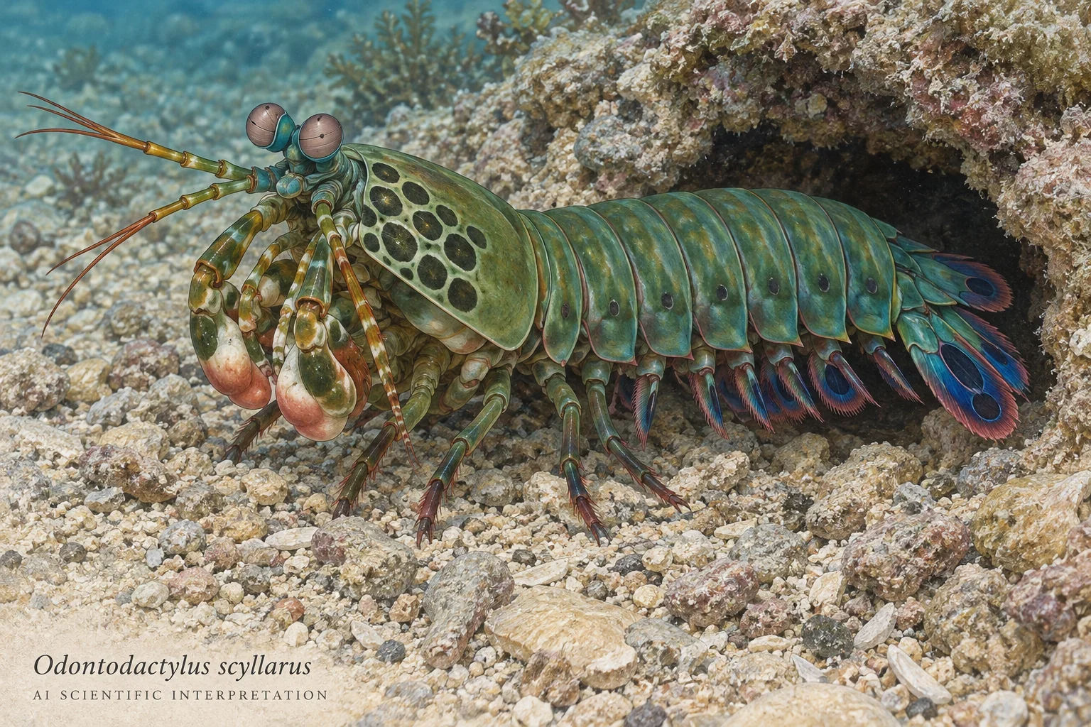 AI stomatopod with club-like forelimbs and anterior carapace spots.