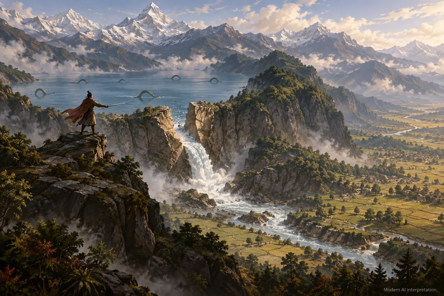 An imagined sword stroke opens a gorge as water drains from a mountain-ringed lake.