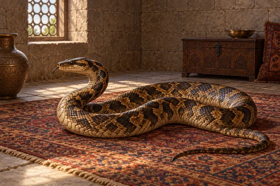 AI-generated interpretation of Mizi’s serpent foster-child in a stone room